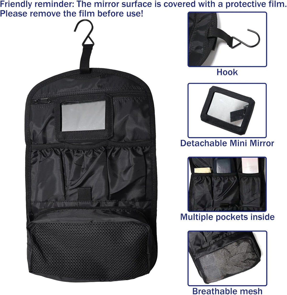Hanging Toiletry Bag for Men Women, Travel Makeup with Mirror and Hook, EDC Military Tool Pouches Small Dopp Kit Mens Shaving Kit Travel shower Bags Black