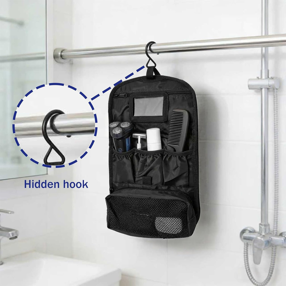 Hanging Toiletry Bag for Men Women, Travel Makeup with Mirror and Hook, EDC Military Tool Pouches Small Dopp Kit Mens Shaving Kit Travel shower Bags Black