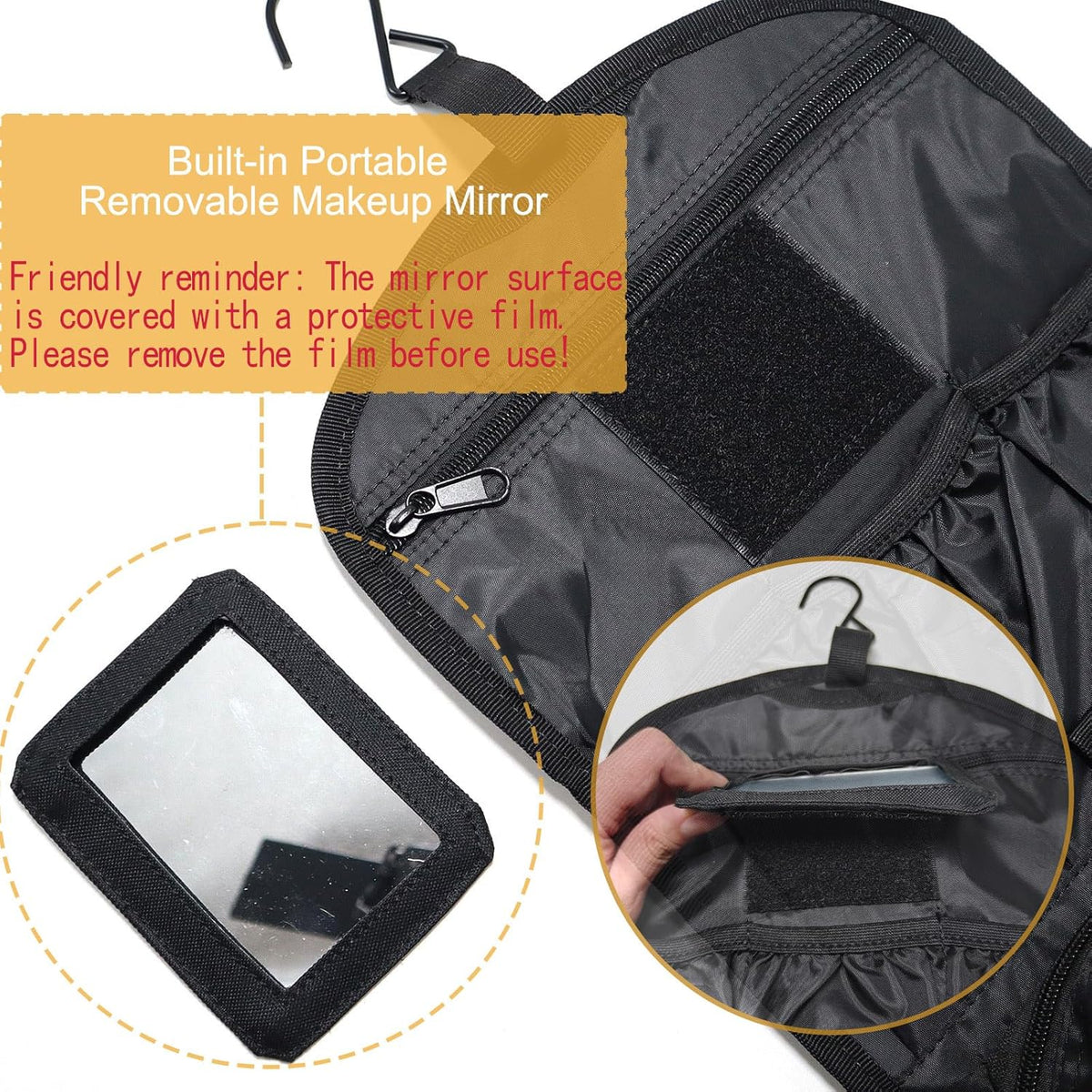 Hanging Toiletry Bag for Men Women, Travel Makeup with Mirror and Hook, EDC Military Tool Pouches Small Dopp Kit Mens Shaving Kit Travel shower Bags Black