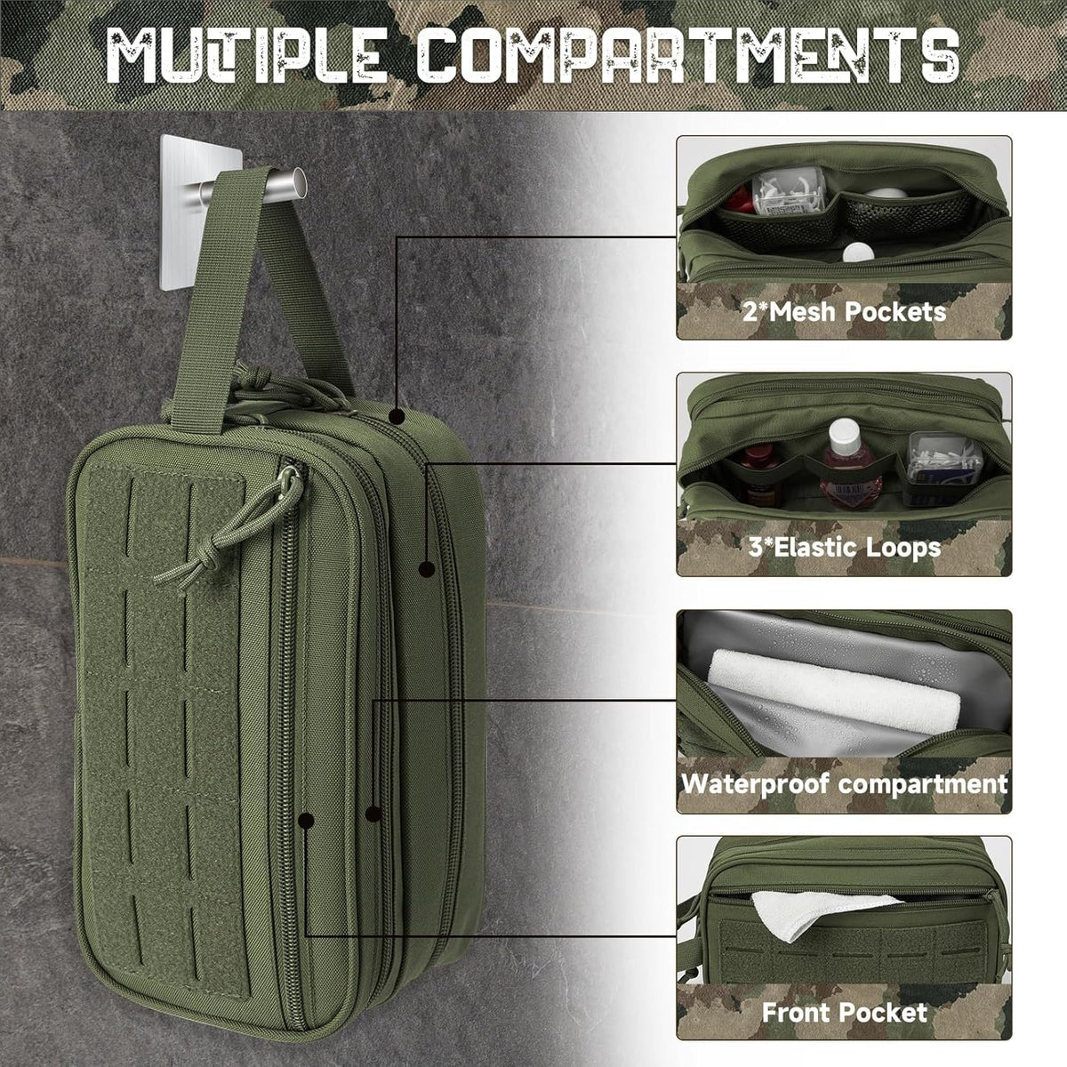 Hanging Toiletry Bag for Men Women, Travel Makeup with Mirror and Hook, EDC Military Tool Pouches Small Dopp Kit Mens Shaving Kit Travel shower Bags Black