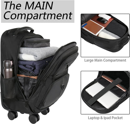 Rolling Backpack with 4 Wheels, 17 inch Spinner Backpack for Men | Water Resisatnt Large Busines Travel Wheeled Bag, Airline Approved Roller Carry on Luggage Suitcase Bag, Black