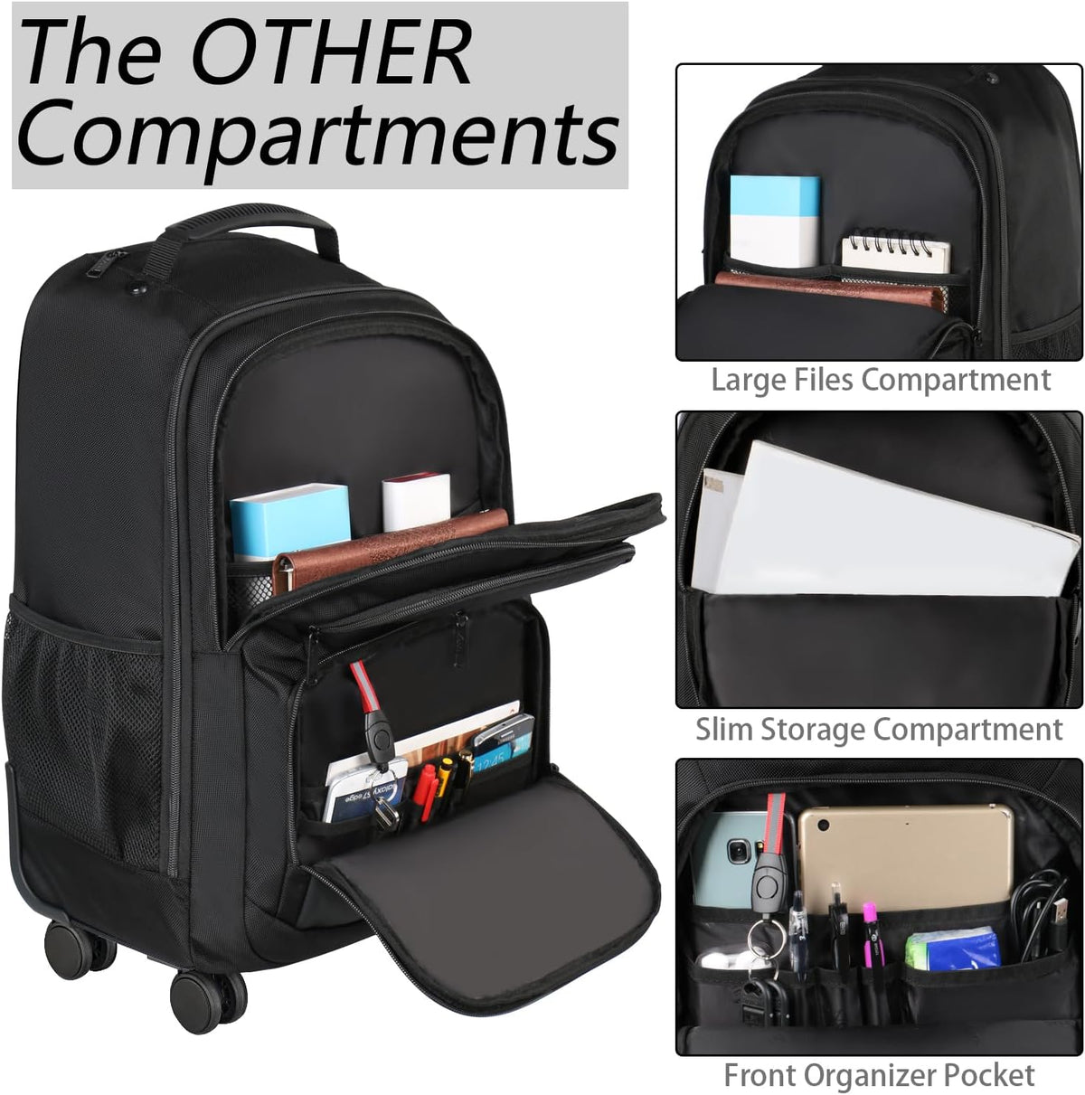 Rolling Backpack with 4 Wheels, 17 inch Spinner Backpack for Men | Water Resisatnt Large Busines Travel Wheeled Bag, Airline Approved Roller Carry on Luggage Suitcase Bag, Black
