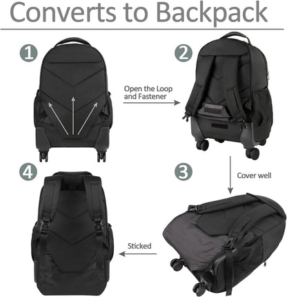 Rolling Backpack with 4 Wheels, 17 inch Spinner Backpack for Men | Water Resisatnt Large Busines Travel Wheeled Bag, Airline Approved Roller Carry on Luggage Suitcase Bag, Black