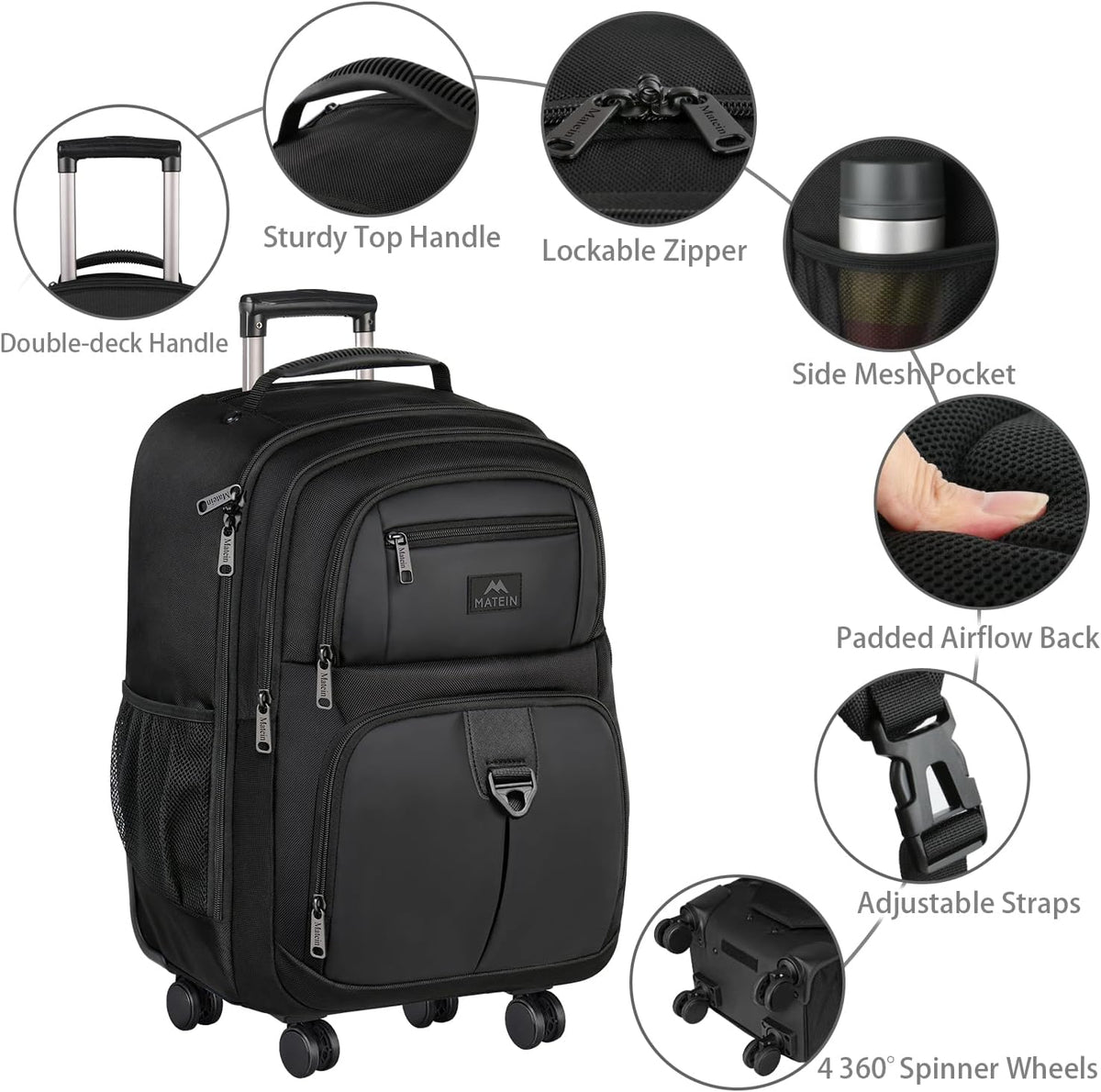 Rolling Backpack with 4 Wheels, 17 inch Spinner Backpack for Men | Water Resisatnt Large Busines Travel Wheeled Bag, Airline Approved Roller Carry on Luggage Suitcase Bag, Black