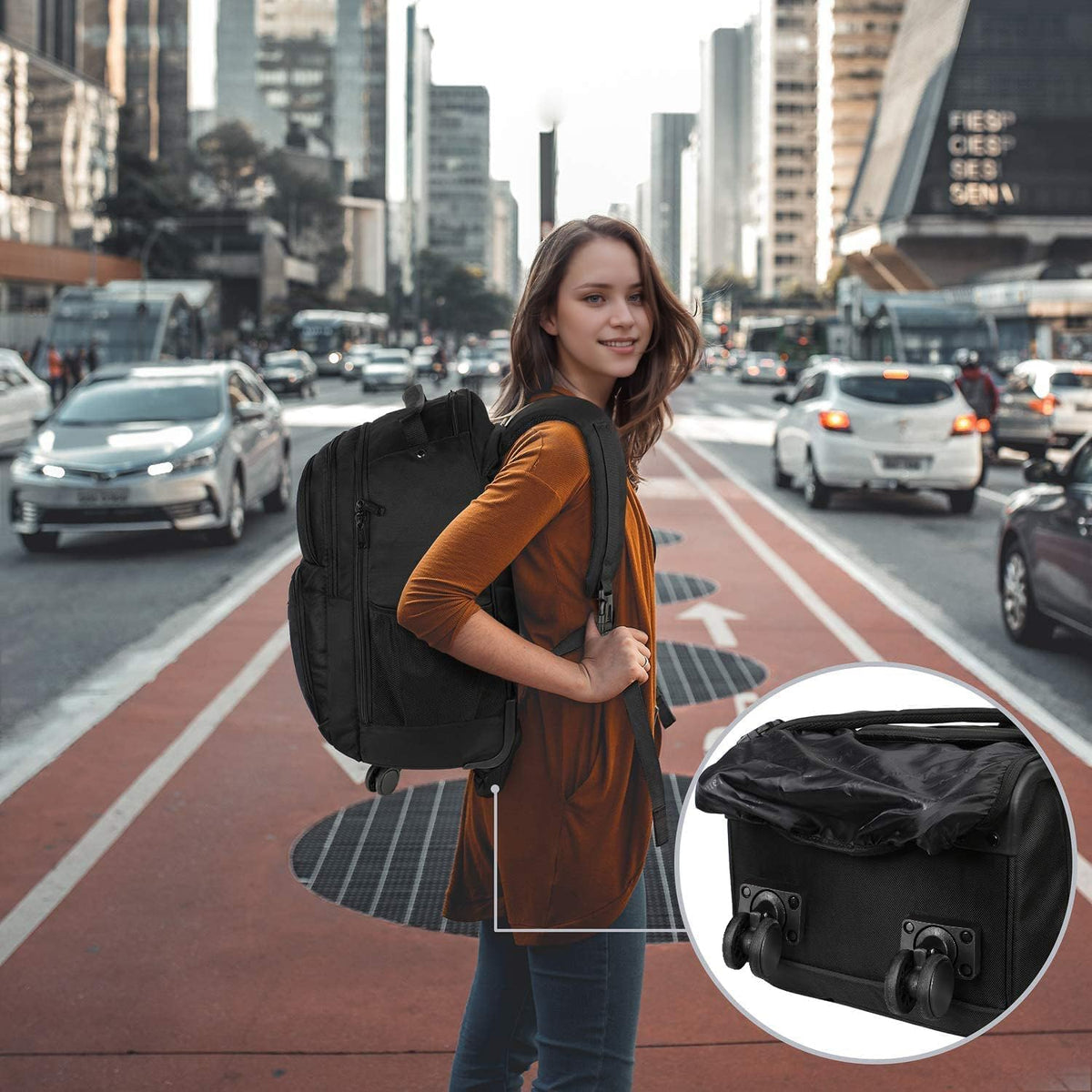 Rolling Backpack with 4 Wheels, 17 inch Spinner Backpack for Men | Water Resisatnt Large Busines Travel Wheeled Bag, Airline Approved Roller Carry on Luggage Suitcase Bag, Black