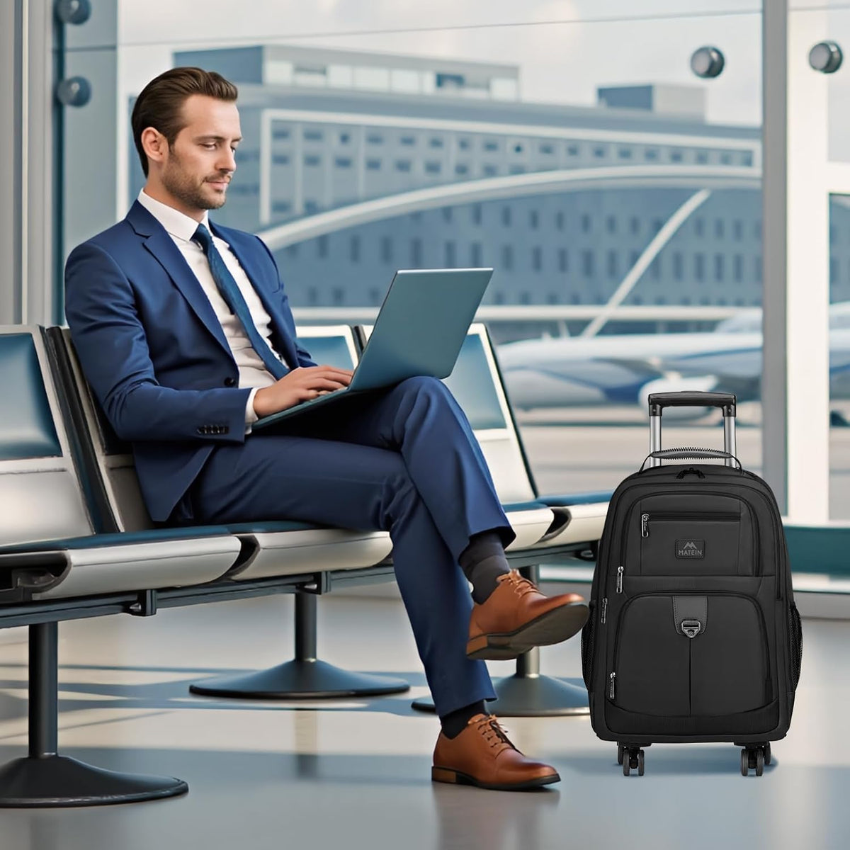 Rolling Backpack with 4 Wheels, 17 inch Spinner Backpack for Men | Water Resisatnt Large Busines Travel Wheeled Bag, Airline Approved Roller Carry on Luggage Suitcase Bag, Black