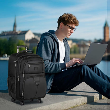 Rolling Backpack with 4 Wheels, 17 inch Spinner Backpack for Men | Water Resisatnt Large Busines Travel Wheeled Bag, Airline Approved Roller Carry on Luggage Suitcase Bag, Black