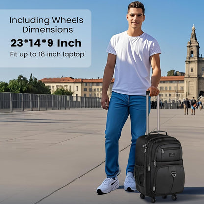Rolling Backpack with 4 Wheels, 17 inch Spinner Backpack for Men | Water Resisatnt Large Busines Travel Wheeled Bag, Airline Approved Roller Carry on Luggage Suitcase Bag, Black