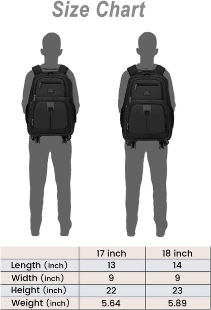 Rolling Backpack with 4 Wheels, 17 inch Spinner Backpack for Men | Water Resisatnt Large Busines Travel Wheeled Bag, Airline Approved Roller Carry on Luggage Suitcase Bag, Black