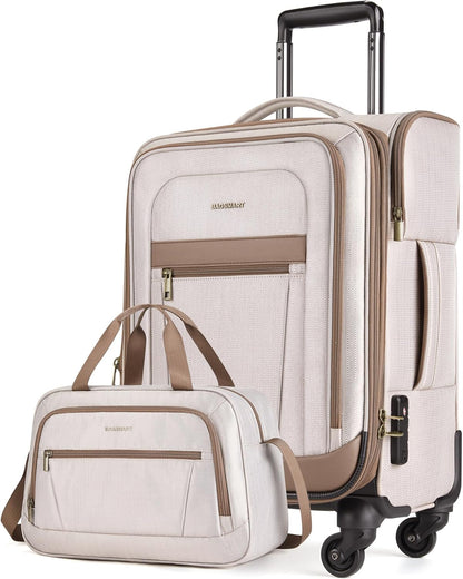 Carry-On Luggage Airline Approved, 20 inch Expandable Suitcase with Duffel bag, Softside Lightweight Suitcases with Spinner Wheels, light tan