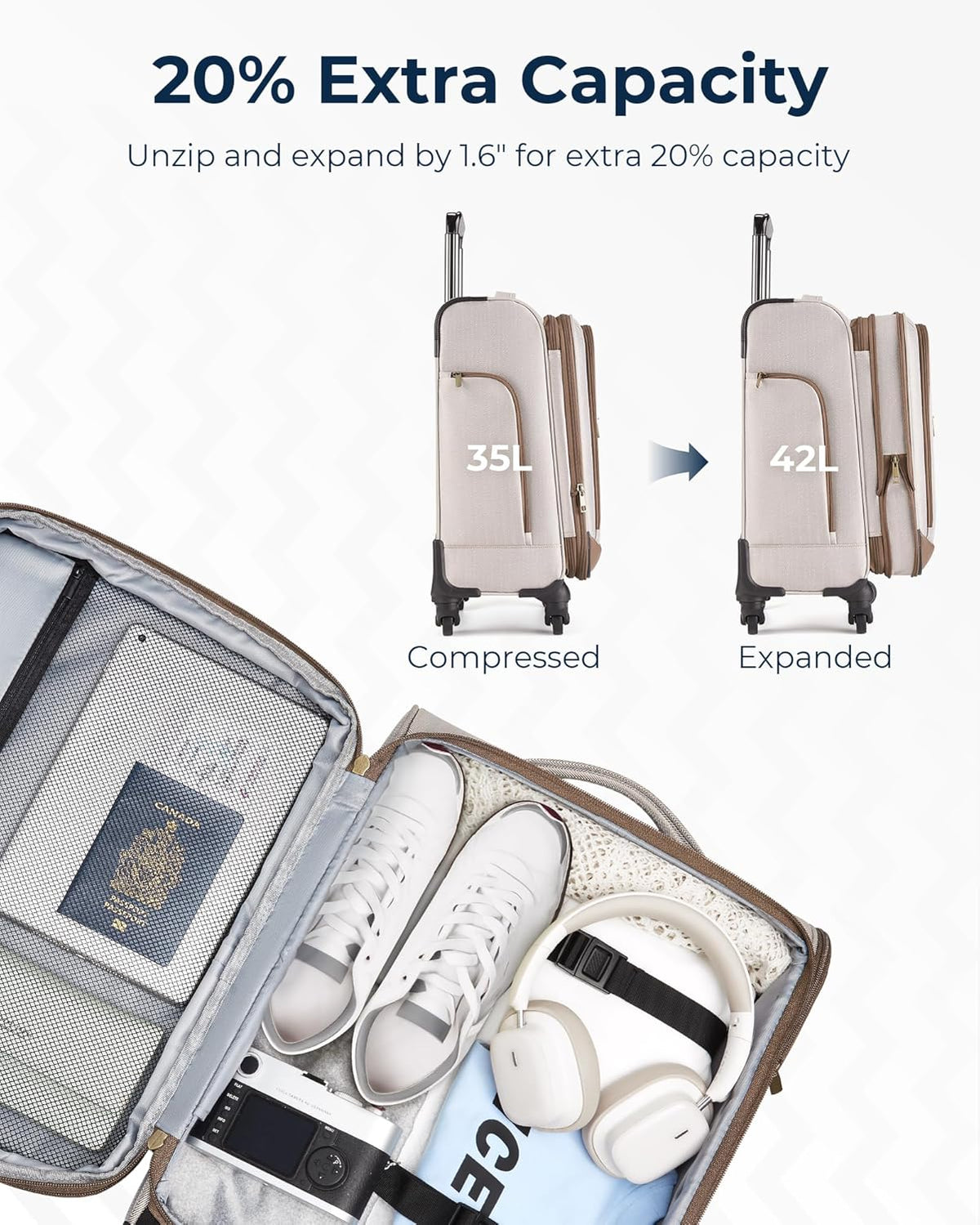 Carry-On Luggage Airline Approved, 20 inch Expandable Suitcase with Duffel bag, Softside Lightweight Suitcases with Spinner Wheels, light tan