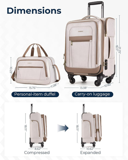 Carry-On Luggage Airline Approved, 20 inch Expandable Suitcase with Duffel bag, Softside Lightweight Suitcases with Spinner Wheels, light tan