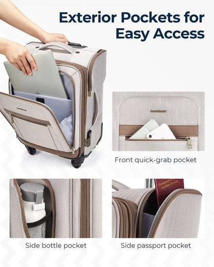 Carry-On Luggage Airline Approved, 20 inch Expandable Suitcase with Duffel bag, Softside Lightweight Suitcases with Spinner Wheels, light tan