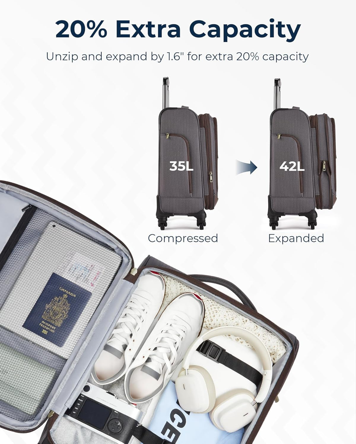Carry-On Luggage Airline Approved, 20 inch Expandable Suitcase with Duffel bag, Softside Lightweight Suitcases with Spinner Wheels, light tan