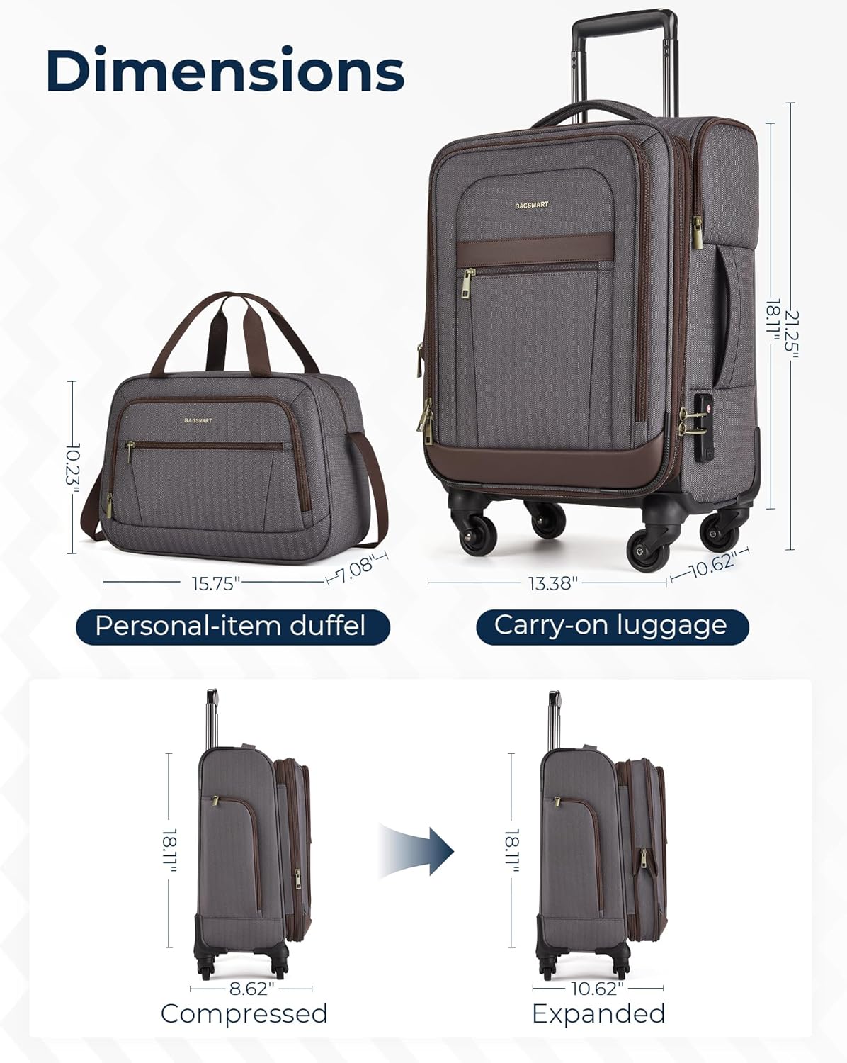 Carry-On Luggage Airline Approved, 20 inch Expandable Suitcase with Duffel bag, Softside Lightweight Suitcases with Spinner Wheels, light tan