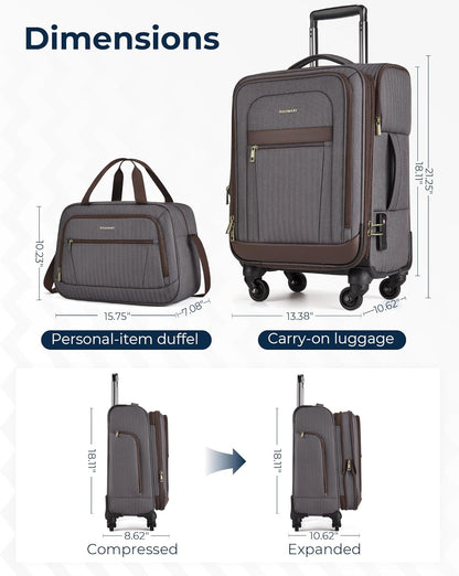 Carry-On Luggage Airline Approved, 20 inch Expandable Suitcase with Duffel bag, Softside Lightweight Suitcases with Spinner Wheels, light tan