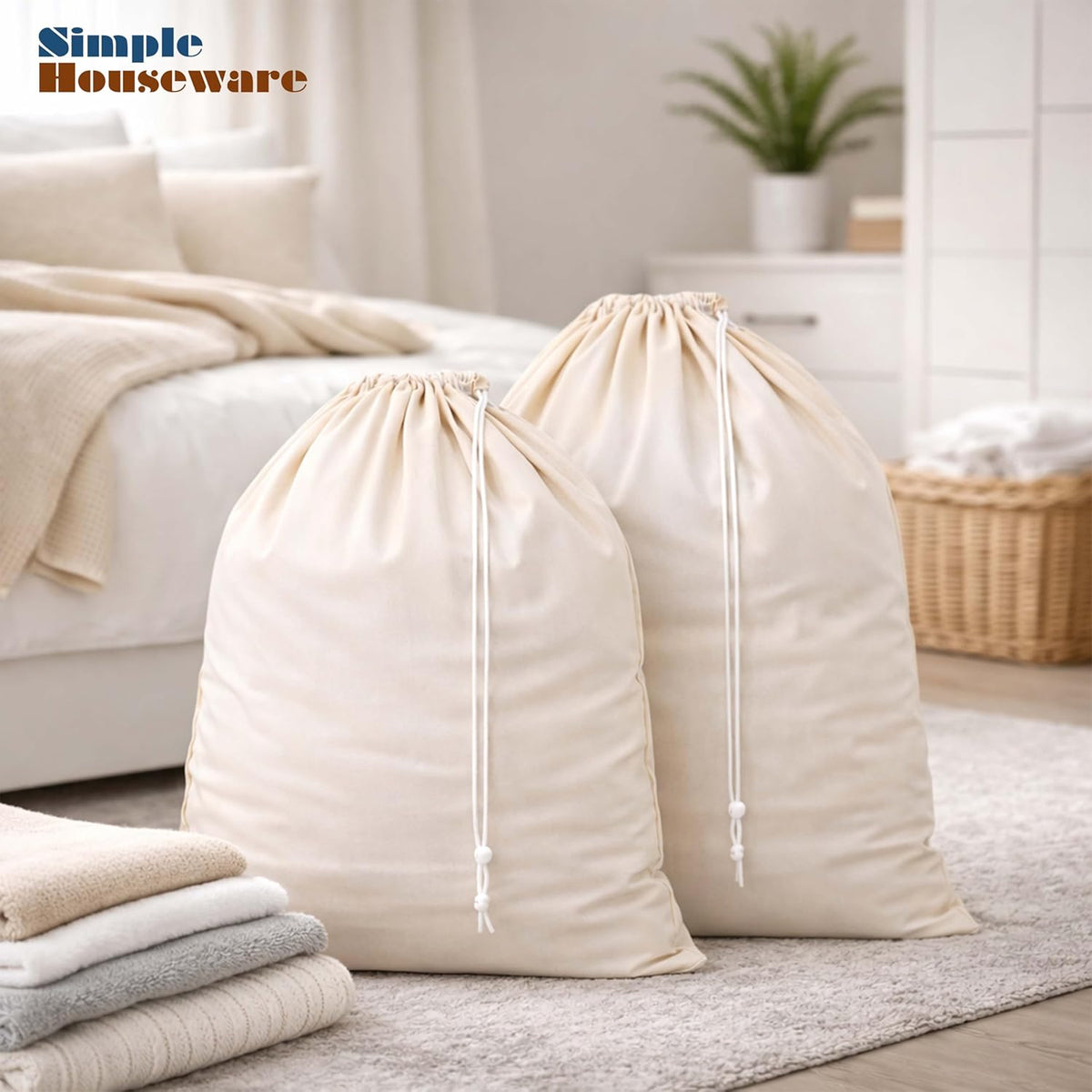 Extra Large Natural Cotton Laundry Bag, Beige (28" x 36") - 2 Pack