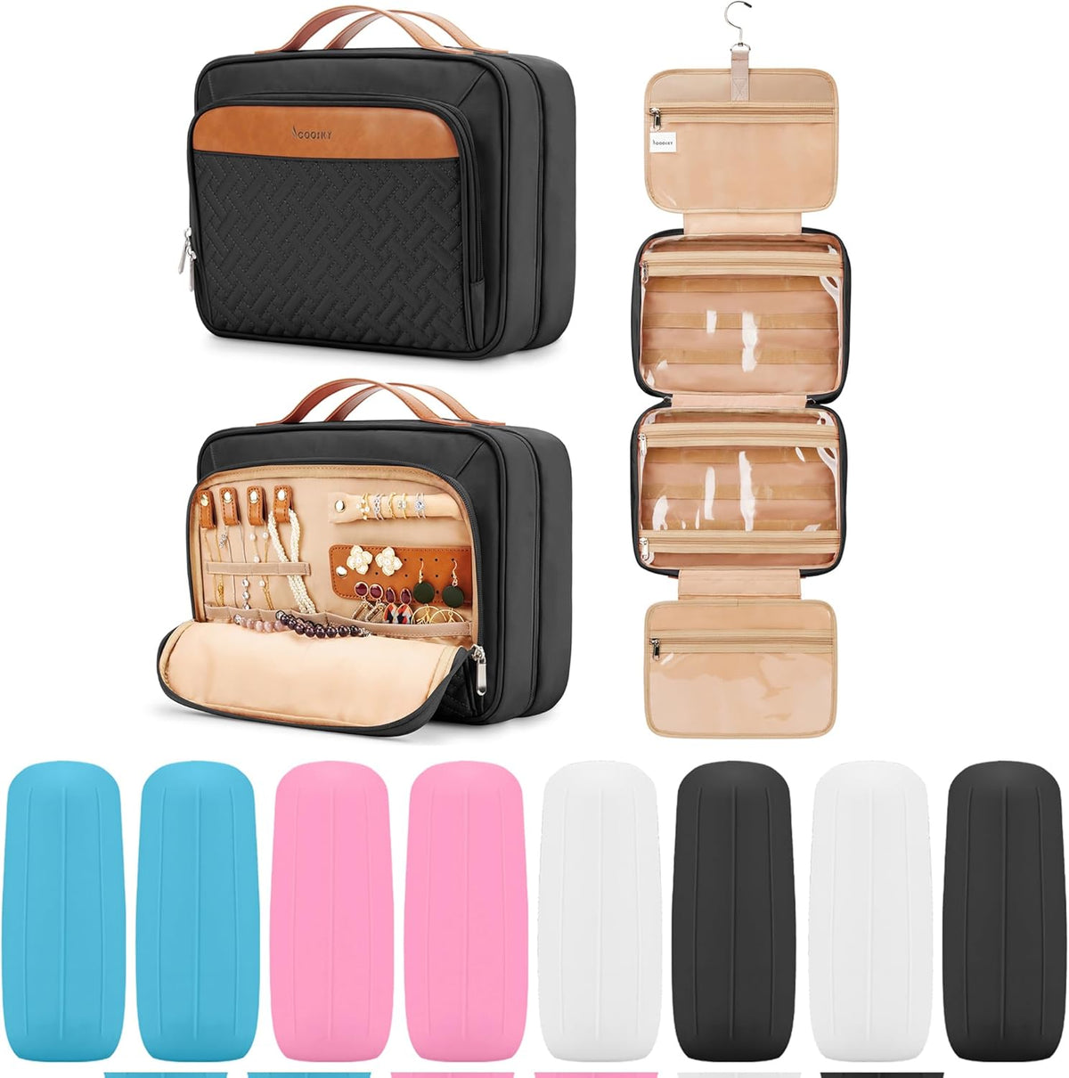 Travel Hanging Toiletry Bag for Women, Cruise Ship Essentials, with Jewelry Organizer, Extra Large Makeup Dopp Kit, Waterproof Cosmetic Bags, Toiletries Kit Set with Trolley Belt, Blue