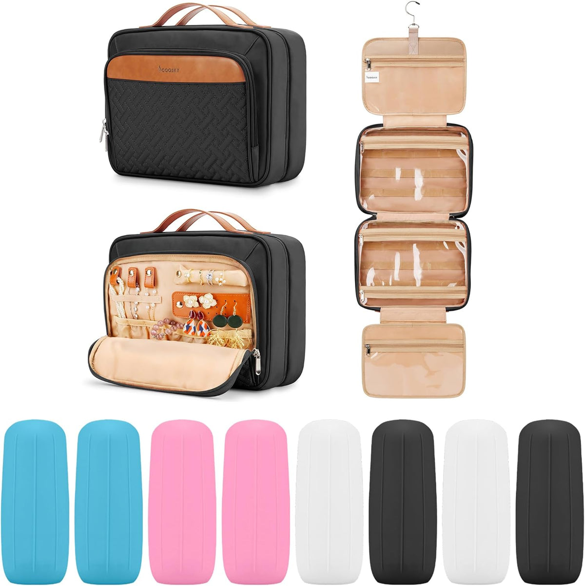 Travel Hanging Toiletry Bag for Women, Cruise Ship Essentials, with Jewelry Organizer, Extra Large Makeup Dopp Kit, Waterproof Cosmetic Bags, Toiletries Kit Set with Trolley Belt, Blue