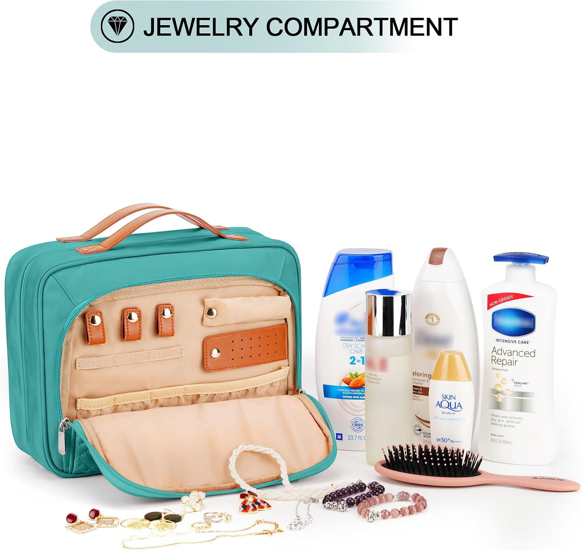 Travel Hanging Toiletry Bag for Women, Cruise Ship Essentials, with Jewelry Organizer, Extra Large Makeup Dopp Kit, Waterproof Cosmetic Bags, Toiletries Kit Set with Trolley Belt, Blue