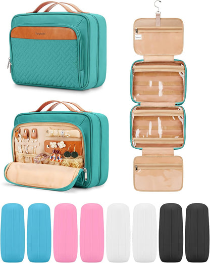 Travel Hanging Toiletry Bag for Women, Cruise Ship Essentials, with Jewelry Organizer, Extra Large Makeup Dopp Kit, Waterproof Cosmetic Bags, Toiletries Kit Set with Trolley Belt, Blue