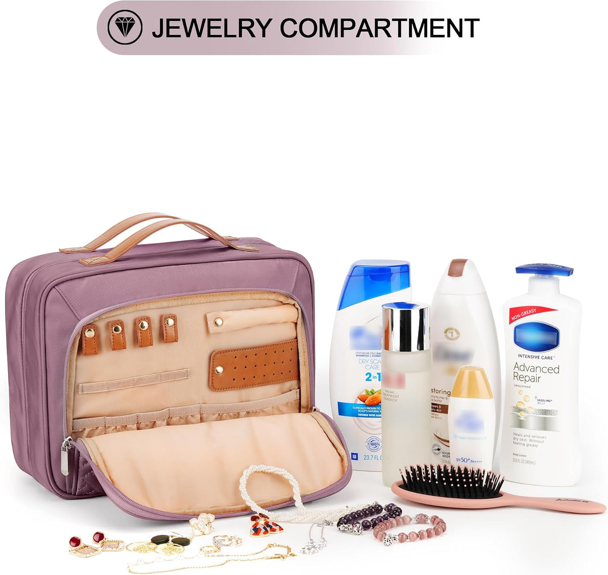Travel Hanging Toiletry Bag for Women, Cruise Ship Essentials, with Jewelry Organizer, Extra Large Makeup Dopp Kit, Waterproof Cosmetic Bags, Toiletries Kit Set with Trolley Belt, Blue