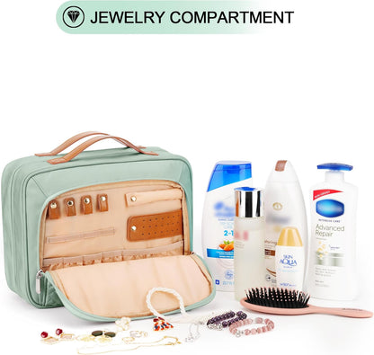 Travel Hanging Toiletry Bag for Women, Cruise Ship Essentials, with Jewelry Organizer, Extra Large Makeup Dopp Kit, Waterproof Cosmetic Bags, Toiletries Kit Set with Trolley Belt, Blue