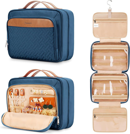 Travel Hanging Toiletry Bag for Women, Cruise Ship Essentials, with Jewelry Organizer, Extra Large Makeup Dopp Kit, Waterproof Cosmetic Bags, Toiletries Kit Set with Trolley Belt, Blue