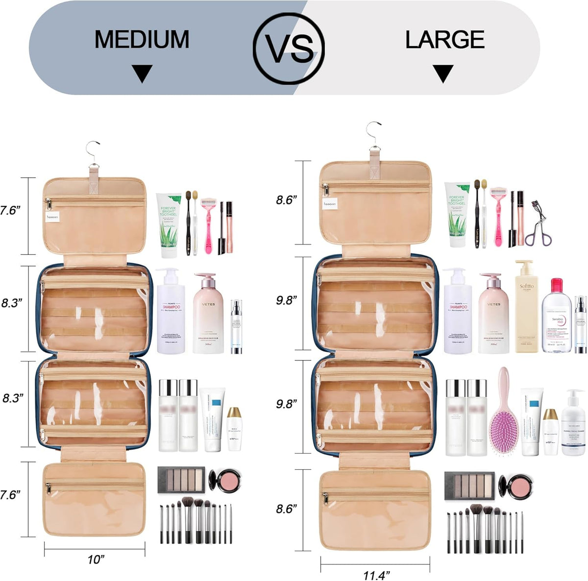 Travel Hanging Toiletry Bag for Women, Cruise Ship Essentials, with Jewelry Organizer, Extra Large Makeup Dopp Kit, Waterproof Cosmetic Bags, Toiletries Kit Set with Trolley Belt, Blue