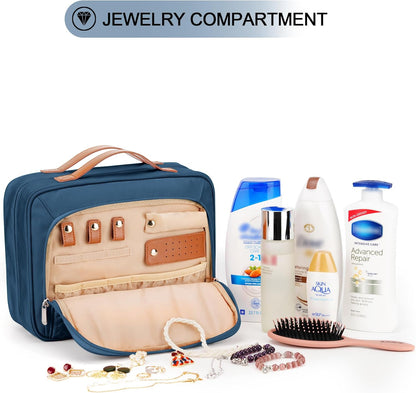 Travel Hanging Toiletry Bag for Women, Cruise Ship Essentials, with Jewelry Organizer, Extra Large Makeup Dopp Kit, Waterproof Cosmetic Bags, Toiletries Kit Set with Trolley Belt, Blue