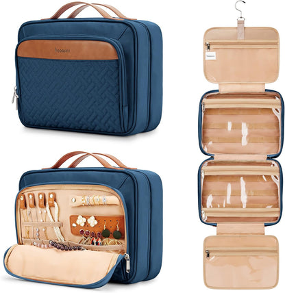 Travel Hanging Toiletry Bag for Women, Cruise Ship Essentials, with Jewelry Organizer, Extra Large Makeup Dopp Kit, Waterproof Cosmetic Bags, Toiletries Kit Set with Trolley Belt, Blue