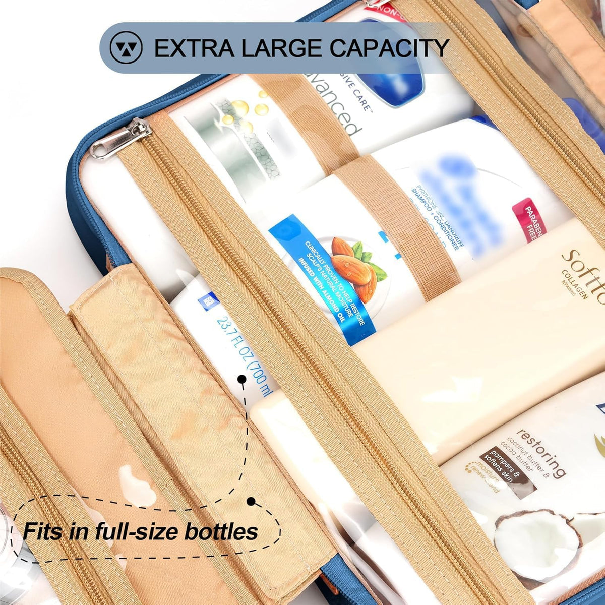 Travel Hanging Toiletry Bag for Women, Cruise Ship Essentials, with Jewelry Organizer, Extra Large Makeup Dopp Kit, Waterproof Cosmetic Bags, Toiletries Kit Set with Trolley Belt, Blue