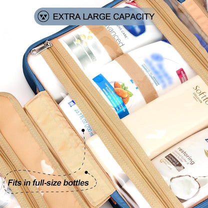 Travel Hanging Toiletry Bag for Women, Cruise Ship Essentials, with Jewelry Organizer, Extra Large Makeup Dopp Kit, Waterproof Cosmetic Bags, Toiletries Kit Set with Trolley Belt, Blue