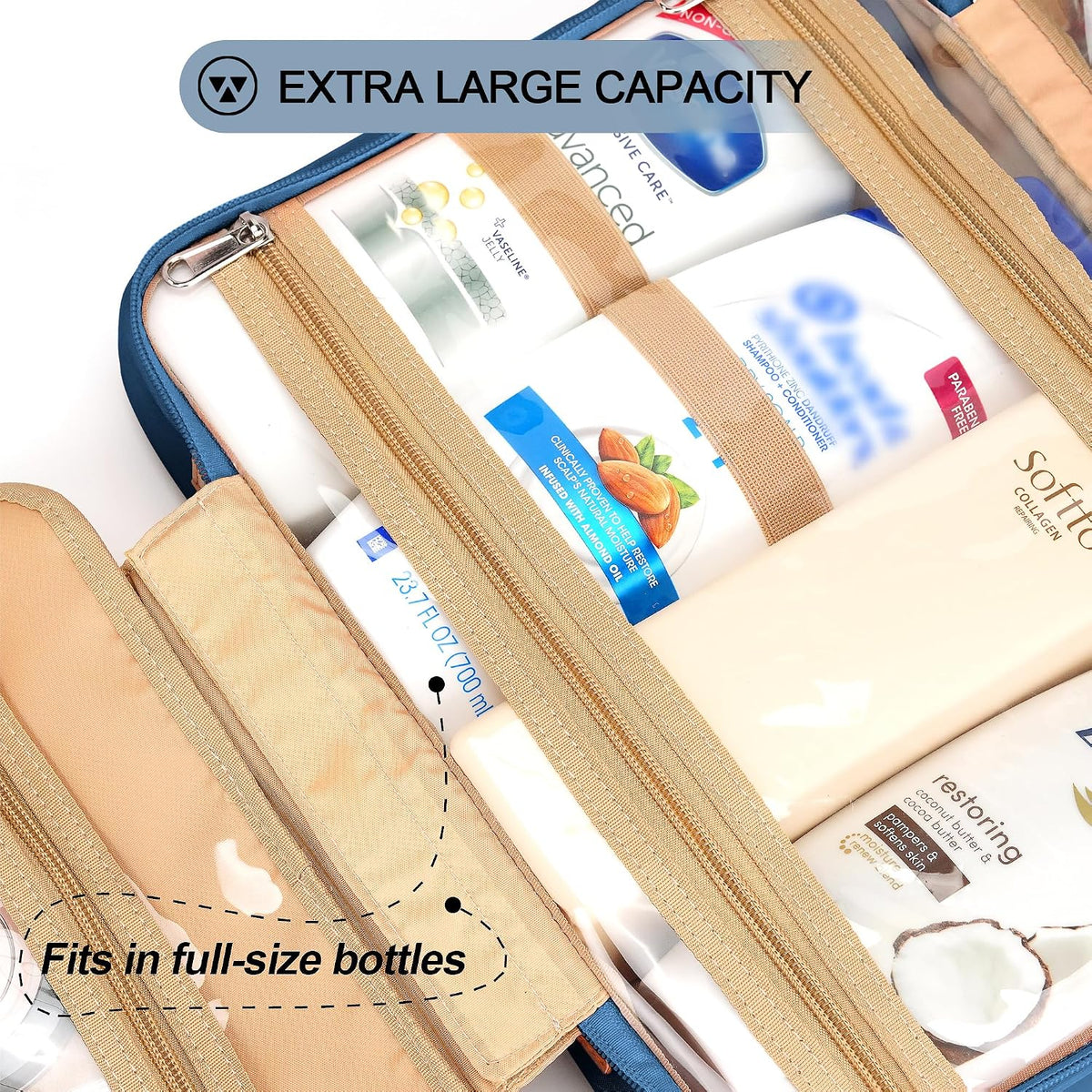 Travel Hanging Toiletry Bag for Women, Cruise Ship Essentials, with Jewelry Organizer, Extra Large Makeup Dopp Kit, Waterproof Cosmetic Bags, Toiletries Kit Set with Trolley Belt, Blue