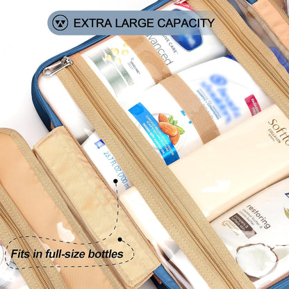 Travel Hanging Toiletry Bag for Women, Cruise Ship Essentials, with Jewelry Organizer, Extra Large Makeup Dopp Kit, Waterproof Cosmetic Bags, Toiletries Kit Set with Trolley Belt, Blue