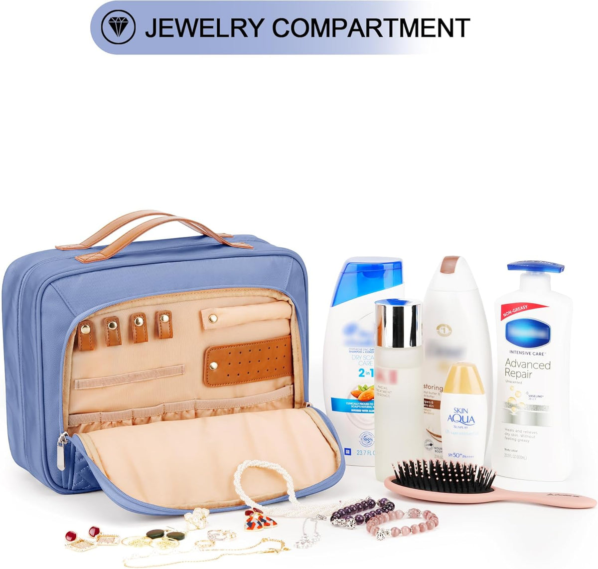Travel Hanging Toiletry Bag for Women, Cruise Ship Essentials, with Jewelry Organizer, Extra Large Makeup Dopp Kit, Waterproof Cosmetic Bags, Toiletries Kit Set with Trolley Belt, Blue