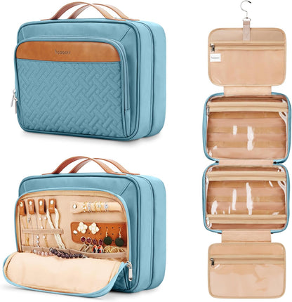 Travel Hanging Toiletry Bag for Women, Cruise Ship Essentials, with Jewelry Organizer, Extra Large Makeup Dopp Kit, Waterproof Cosmetic Bags, Toiletries Kit Set with Trolley Belt, Blue