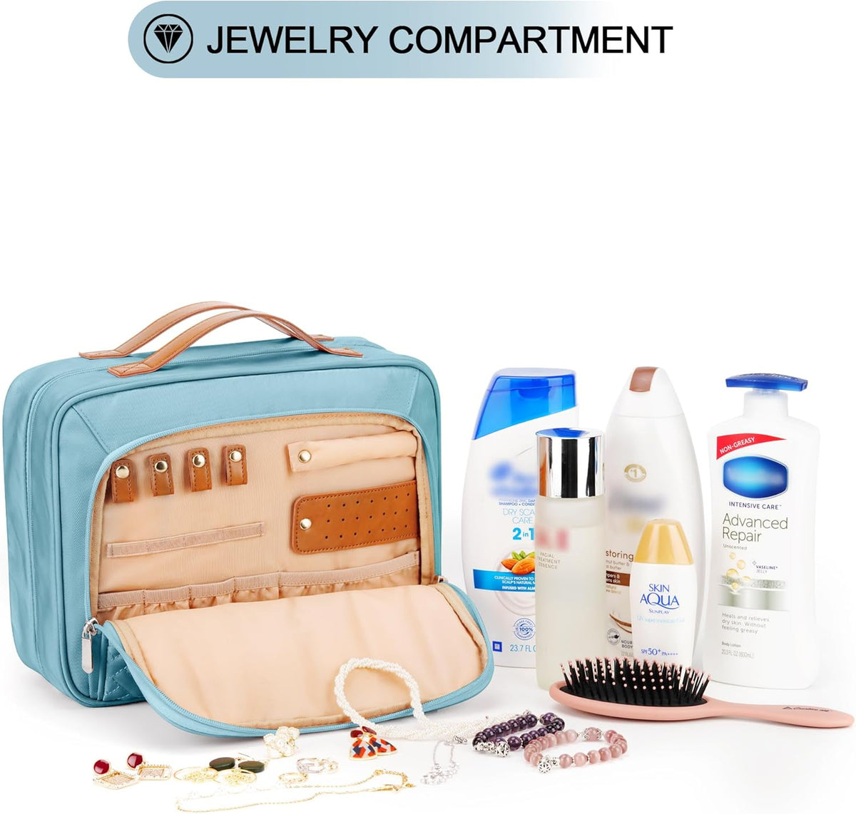 Travel Hanging Toiletry Bag for Women, Cruise Ship Essentials, with Jewelry Organizer, Extra Large Makeup Dopp Kit, Waterproof Cosmetic Bags, Toiletries Kit Set with Trolley Belt, Blue
