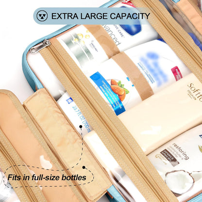 Travel Hanging Toiletry Bag for Women, Cruise Ship Essentials, with Jewelry Organizer, Extra Large Makeup Dopp Kit, Waterproof Cosmetic Bags, Toiletries Kit Set with Trolley Belt, Blue