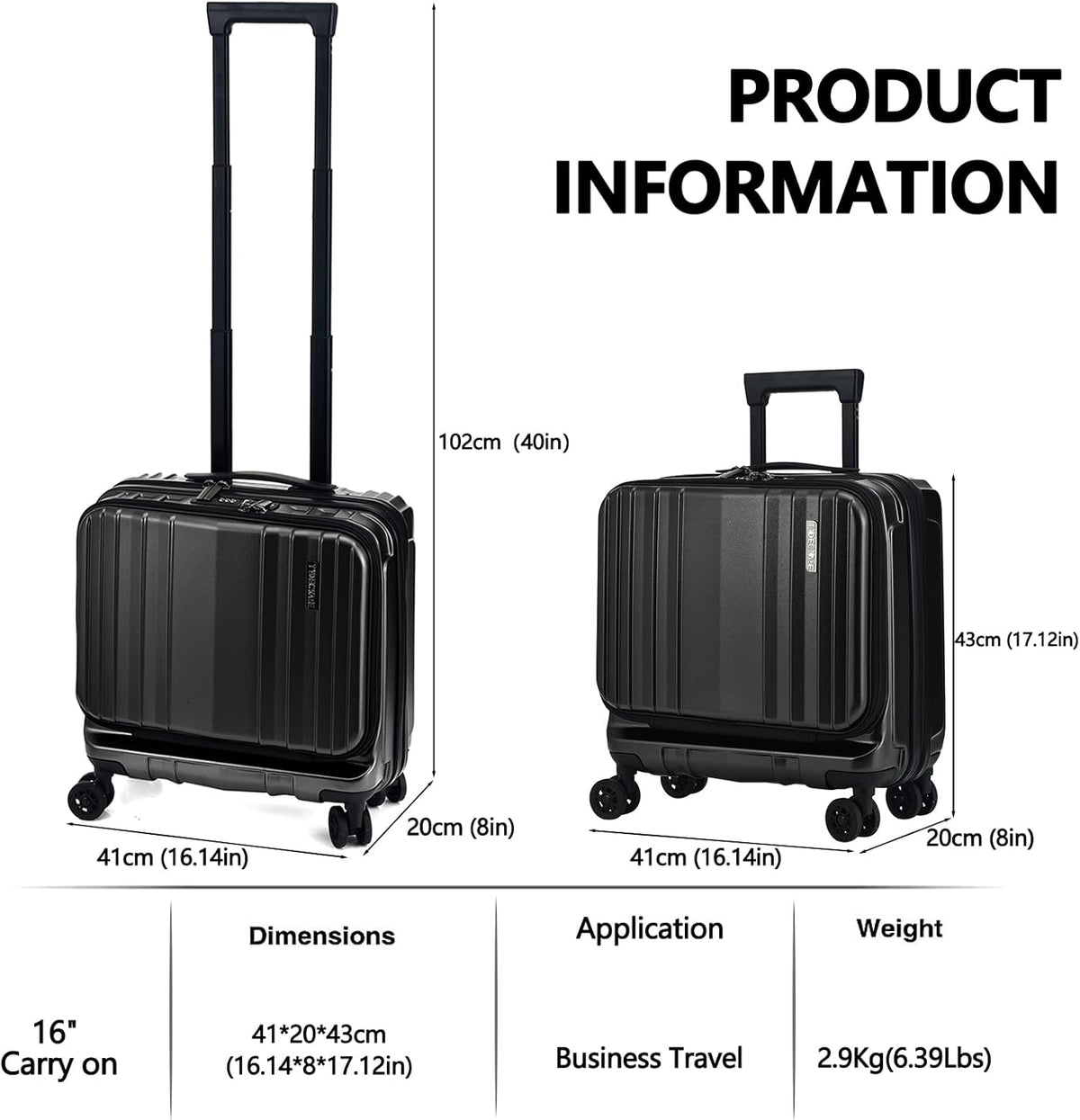 16" Carry on Luggage with 2 Laptop Compartments, Lightweight Hardshell ABS+PC Suitcase with Dual Control TSA Lock, with YKK Zipper, 4 Spinner Silent Wheels, for Business Travel, Black
