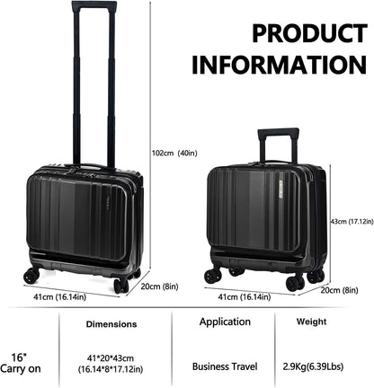 16" Carry on Luggage with 2 Laptop Compartments, Lightweight Hardshell ABS+PC Suitcase with Dual Control TSA Lock, with YKK Zipper, 4 Spinner Silent Wheels, for Business Travel, Black