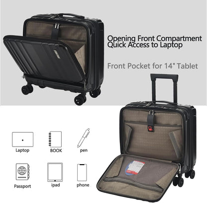 16" Carry on Luggage with 2 Laptop Compartments, Lightweight Hardshell ABS+PC Suitcase with Dual Control TSA Lock, with YKK Zipper, 4 Spinner Silent Wheels, for Business Travel, Black