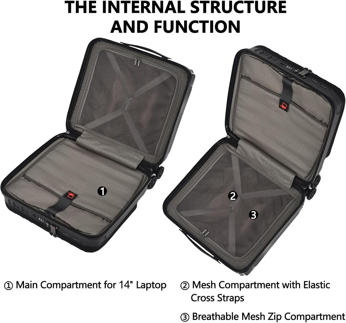 16" Carry on Luggage with 2 Laptop Compartments, Lightweight Hardshell ABS+PC Suitcase with Dual Control TSA Lock, with YKK Zipper, 4 Spinner Silent Wheels, for Business Travel, Black