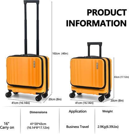 16" Carry on Luggage with 2 Laptop Compartments, Lightweight Hardshell ABS+PC Suitcase with Dual Control TSA Lock, with YKK Zipper, 4 Spinner Silent Wheels, for Business Travel, Black