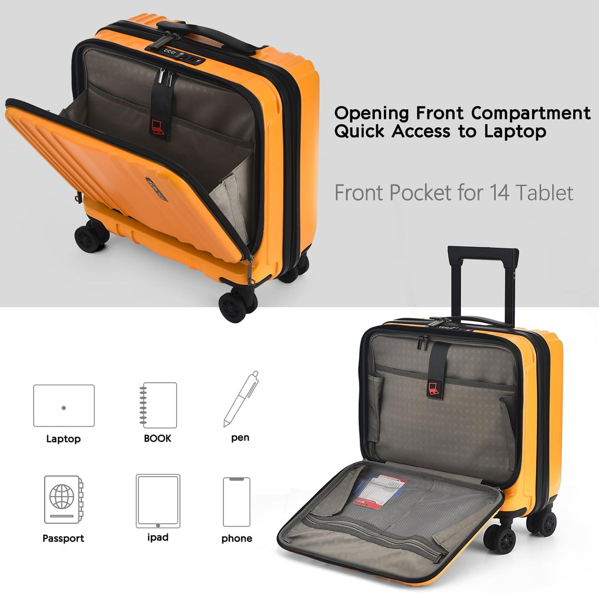 16" Carry on Luggage with 2 Laptop Compartments, Lightweight Hardshell ABS+PC Suitcase with Dual Control TSA Lock, with YKK Zipper, 4 Spinner Silent Wheels, for Business Travel, Black