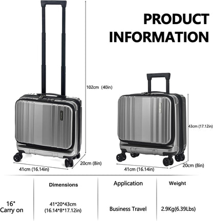 16" Carry on Luggage with 2 Laptop Compartments, Lightweight Hardshell ABS+PC Suitcase with Dual Control TSA Lock, with YKK Zipper, 4 Spinner Silent Wheels, for Business Travel, Black