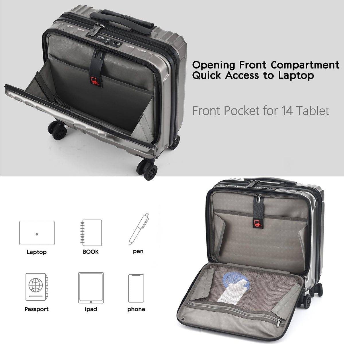 16" Carry on Luggage with 2 Laptop Compartments, Lightweight Hardshell ABS+PC Suitcase with Dual Control TSA Lock, with YKK Zipper, 4 Spinner Silent Wheels, for Business Travel, Black