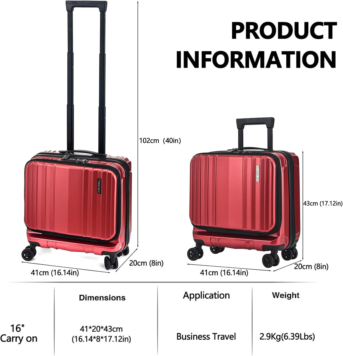 16" Carry on Luggage with 2 Laptop Compartments, Lightweight Hardshell ABS+PC Suitcase with Dual Control TSA Lock, with YKK Zipper, 4 Spinner Silent Wheels, for Business Travel, Black