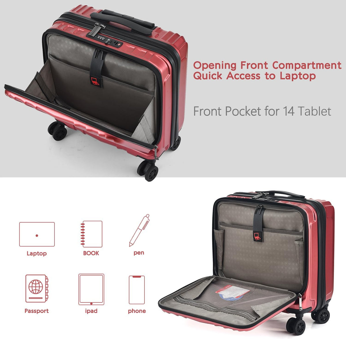 16" Carry on Luggage with 2 Laptop Compartments, Lightweight Hardshell ABS+PC Suitcase with Dual Control TSA Lock, with YKK Zipper, 4 Spinner Silent Wheels, for Business Travel, Black