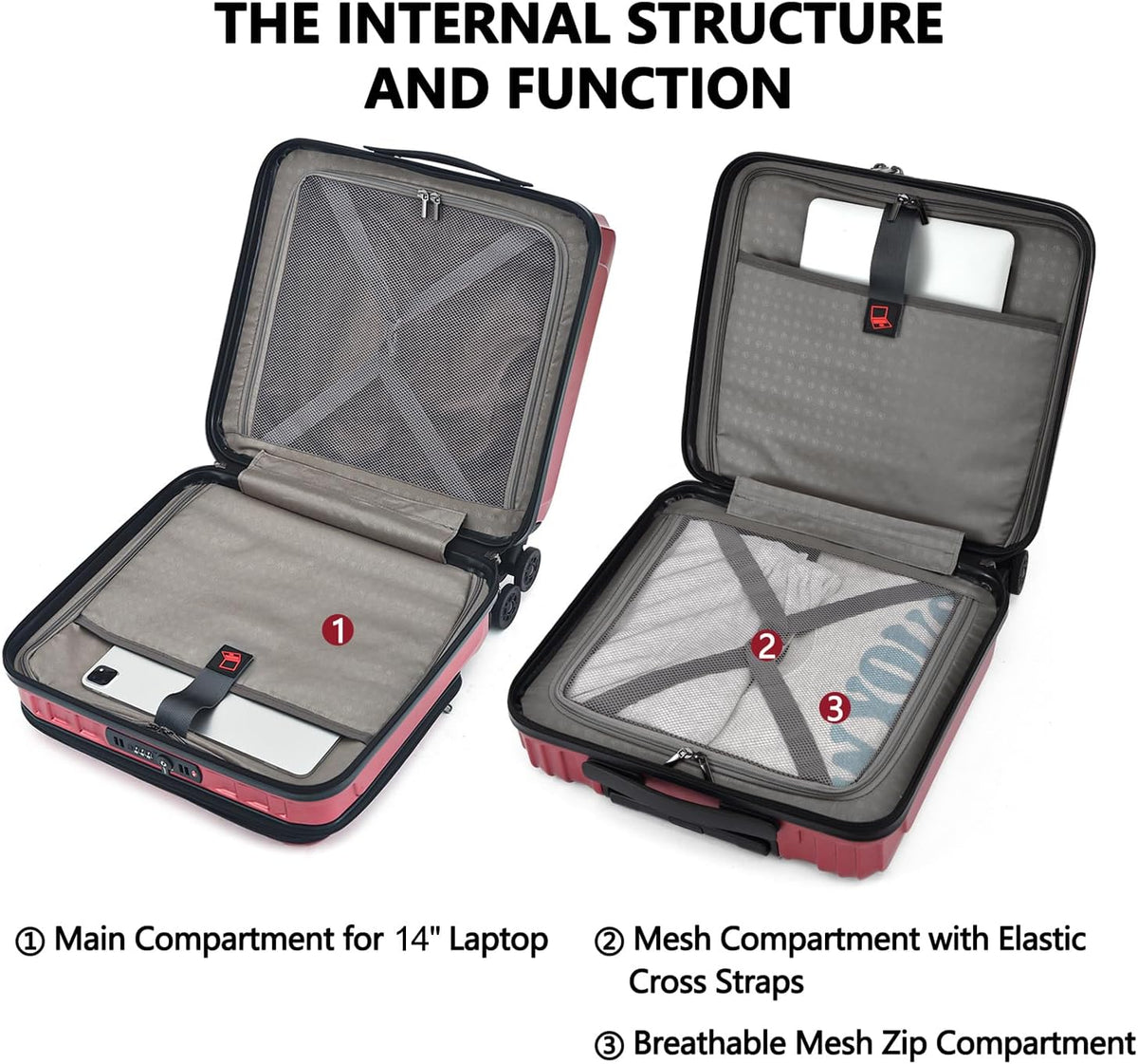 16" Carry on Luggage with 2 Laptop Compartments, Lightweight Hardshell ABS+PC Suitcase with Dual Control TSA Lock, with YKK Zipper, 4 Spinner Silent Wheels, for Business Travel, Black